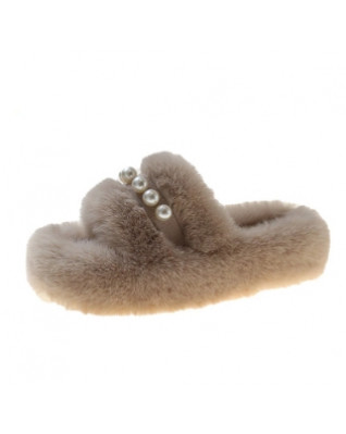Winter Fashion Home Cotton Shoes Women Pearl Access ories Design Fluffy Slippers Indoor Soft Plush Shoes Women Warm Slippers
