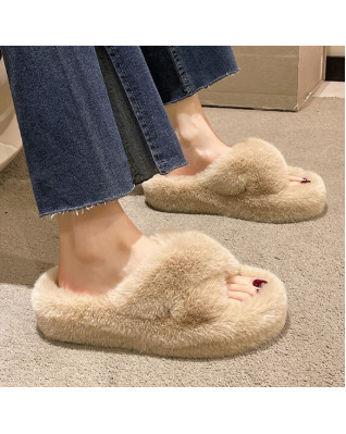 Fashion Slippers Women Winter Warm Flat Indoor Floor European Style Home Faux Fur Platform Ladies Flip Flops