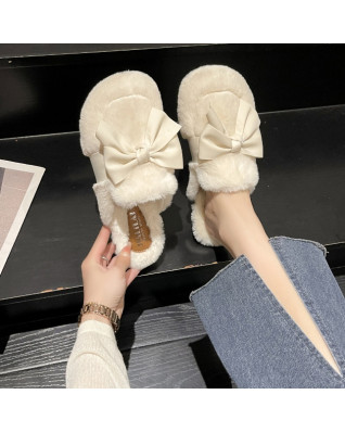 Winter Slippers Women Bow Accessories Fashion Cross Fluffy Fur Slipper Home Cotton Platform Flat Indoor Floor Shoes 2023 New